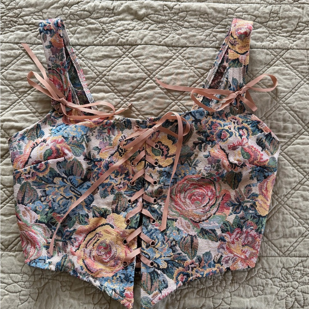 Floral Lace-Up Corset in Pink Multi